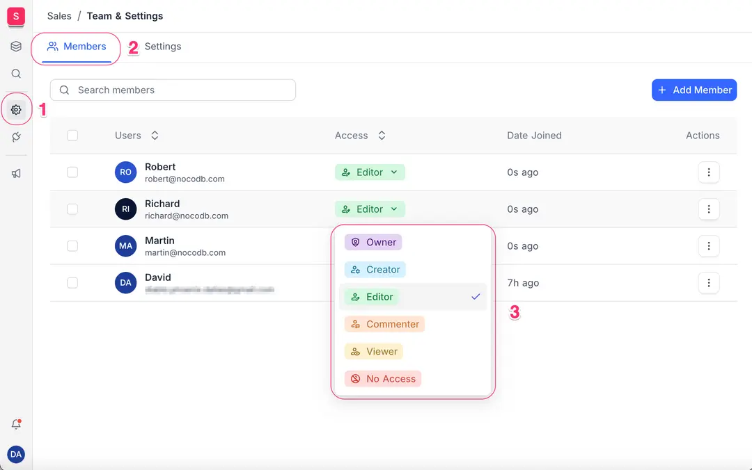 Users and roles. Source: NocoDB